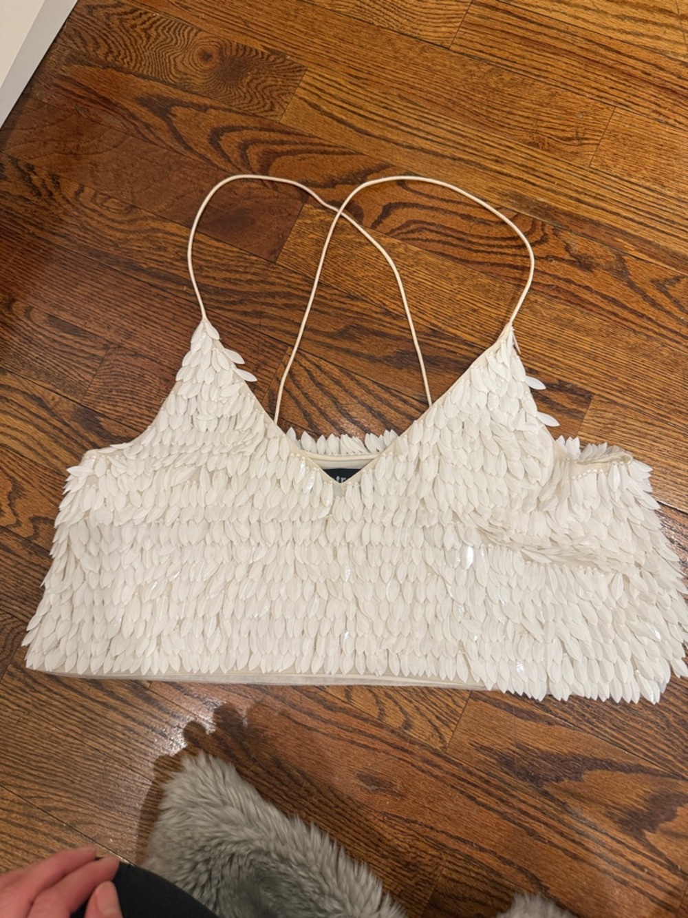 Retrofete Sequin Overlay Spaghetti Strap Crop Top - White